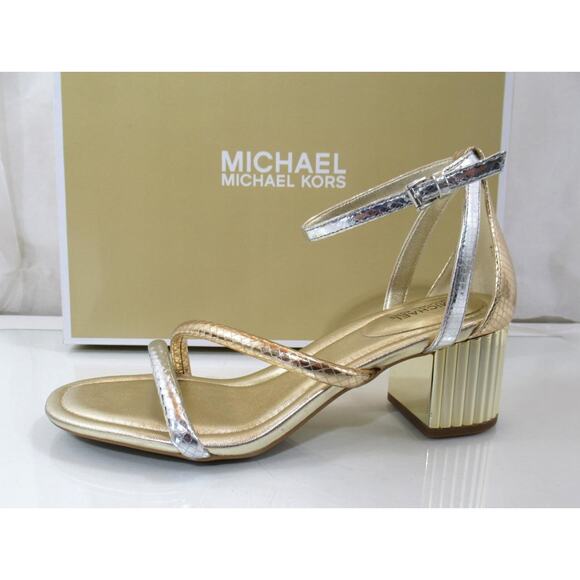 Michael Kors Porter Strappy Mid Block Stacked Heel Sandals Gold Multi Size 7 - Picture 2 of 6